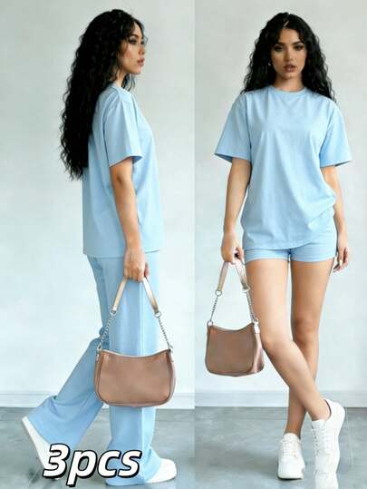 Set de 3 piezas para mujer con camiseta de manga corta de unicolor y pantalones con cordón en la cintura, estilo casual