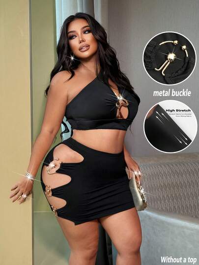 NU&NOW Plus Size Women's Sexy Black Elastic Knit Fabric Side Hollow Metal Buckle Design Bodycon Mini Skirt, Clubwear, High Waist Fitted Style, Attractive For Dates, Casual Outings, Slimming And Flattering, Versatile Design, New Arrival, Suitable For Vacation, Beach, Concerts, Fashion Outings, Parties, Romantic Dates, Fashionable Item, Spring/Summer New
