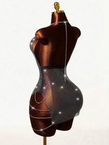 VaVaBold Vestido de malla de rejilla con nudo sin espalda y escote halter sin espalda con detalle de tachuelas de diamantes de imitación sin Set De lencería - Negro - Ver 2