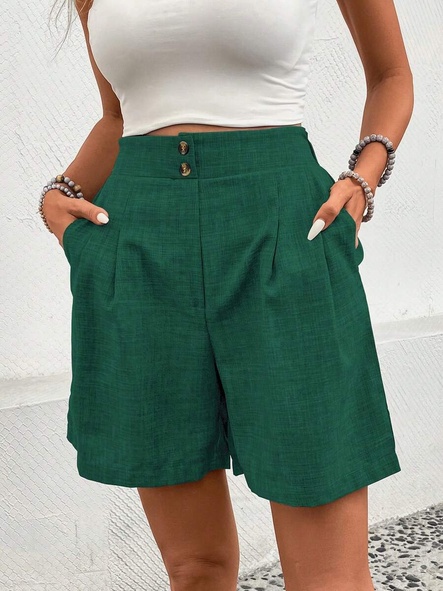 EMERY ROSE Women's Casual Solid Color Pocket Shorts Shorts For Work - Dark Green - View 1