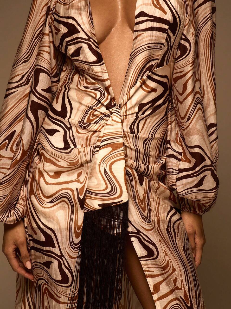 Swirl Printed Chiffon Plunge Neckline Fringed Drape Long Sleeve Maxi Dress,Beige,Autumn,Seductive,Night Out Elegant Vacation Ibiza Club Wedding Guest