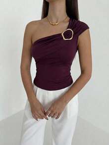 Aloruh 女士新款性感露肩紫红色上衣/性感短款上衣/度假上衣/可爱夏日上衣/优雅上衣 - 中紫紅色 - 查看 6