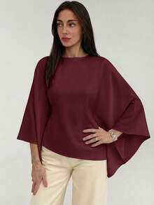Aloruh Boat Neck Voluminous Sleeve Cinched Waist Commuter Shirt - Burgundy - View 6