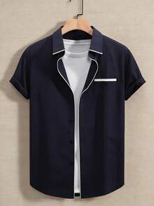 Manfinity Homme Men's Business Casual High-End Contrast Color Patchwork Short Sleeve Shirt Blue Black And White Shirts Men Men's Short Sleeve Dress Shirts - Navy Blue - View 1