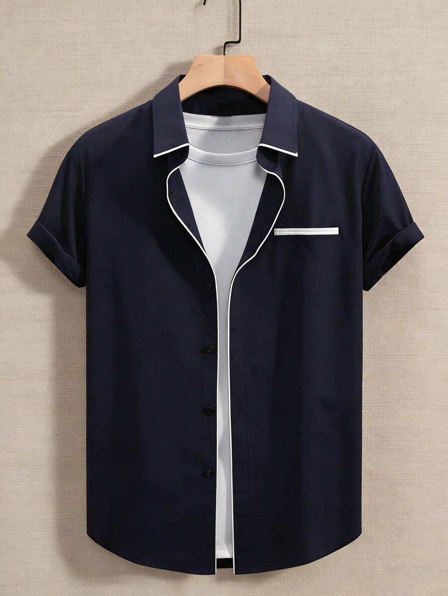 Manfinity Homme Men's Business Casual High-End Contrast Color Patchwork Short Sleeve Shirt Blue Black And White Shirts Men Men's Short Sleeve Dress Shirts - Navy Blue - View 1