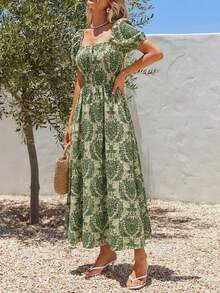 Pariaura Đầm nữ kiểu dáng nghỉ dưỡng thanh lịch, cổ vuông, eo nhún, tay cánh hoa, thích hợp mặc đi nghỉ mát, dự tiệc trà chiều, mặc hàng ngày, dự sinh nhật, hoặc đi biển. - màu xanh lá - Xem 2