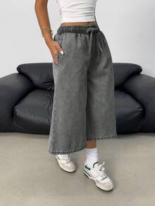 SHEIN Quần jean ống rộng dáng suông, cạp chun, chất liệu denim sáng màu, kiểu dáng Y2K dành cho nữ tuổi teen, thích hợp cho kỳ nghỉ hè, đi biển, phong cách boho, đi xem hòa nhạc, lễ hội, tiệc tùng, đi nhà thờ hay lễ tốt nghiệp. - màu đen - Xem 4