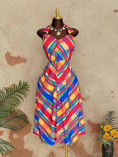 Sunspun Minimalist Contrast Color Print Waist Tie Neck Dress