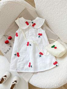 Playful Pals 1件女婴彼得潘领无袖水果樱桃刺绣白色休闲连衣裙，配斜挎包，适合夏季日常外出、旅行、摄影及其他场合。 - 白色 - 查看 8