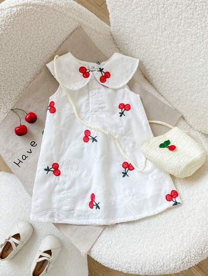 Playful Pals 1pc Baby Girls Peter Pan Collar Sleeveless Fruit & Cherry Embroidery White Casual Dress With Crossbody Bag, Suitable For Summer Daily Outings, Travel, Photography And Other Occasions