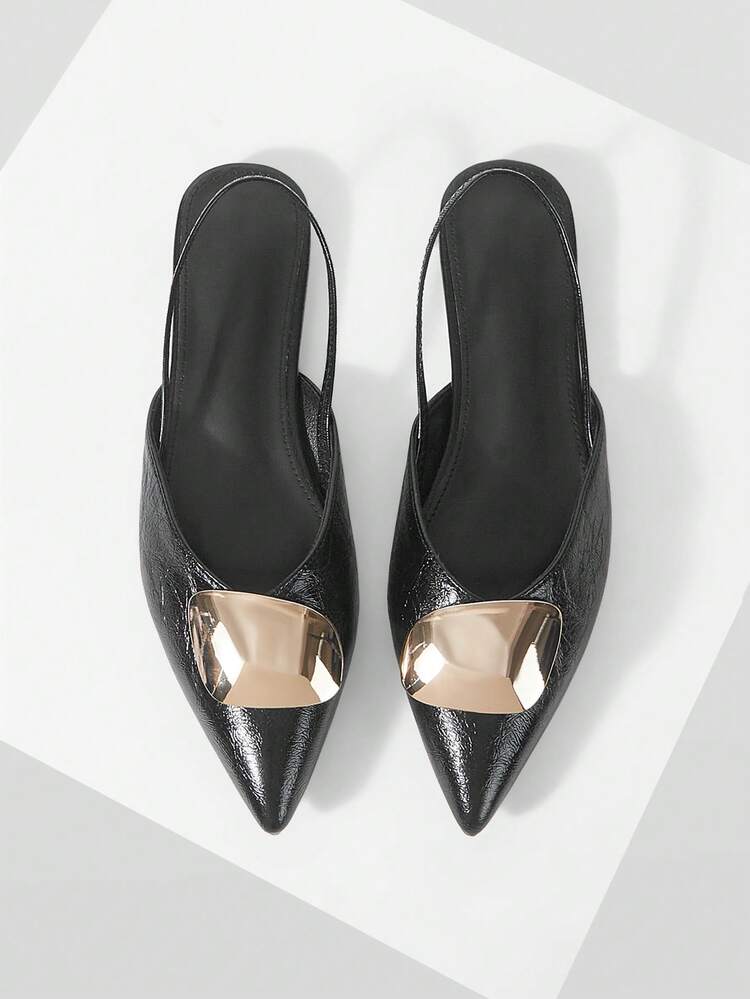 Mnmlis Zapatos de tacón fino con punta puntiaguda, de metal negro con hebilla, de temperamento francés, para mujeres, nueva colección primavera y verano 2026 - Negro - Añade 1