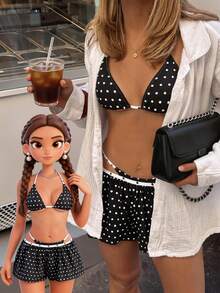 Bonvoyette 三件套女士比基尼套装，包含泳衣、沙滩装，适合海滩、派对、春夏穿着，性感浪漫，黑白波点印花，吊带上衣，荷叶边短裤 - 黑色 - 查看 6