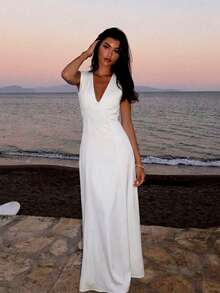 Aloruh 女士夏季纯白色混纺休闲连衣裙，米色，优雅迷人，性感深V腰身A字设计，适合正式派对、婚礼、生日等场合，也可作为教师服装穿着。 - 米色 - 查看 1