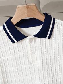 SHEIN Setelan Polo Lengan Pendek Rajut Warna Biru Tua untuk Anak Laki-Laki Usia Remaja dengan Kerah Kontras dan Celana Panjang untuk Pakaian Kasual - Royal Blue - View 7