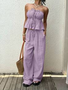 SHEIN EZwear 灰紫色編織棉麻女款抹胸上衣休閒波西米亞度假套裝女裝夏季穿搭女套裝女兩件套休閒套裝女裝女兩件套休閒套裝女裝女連身褲居家套裝女裝女套裝海灘海灘度假假日 - 紫丁香色 - 查看 6