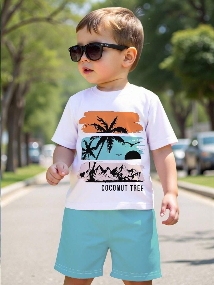 Souflis Souflis Bộ quần áo ngắn tay in hình cây dừa nhiệt đới cho bé trai, thích hợp cho kỳ nghỉ biển/chơi đùa thường ngày, lý tưởng cho hoạt động ngoài trời, thể thao và mặc hàng ngày vào mùa xuân và mùa hè. - Nhiều màu - Xem 1