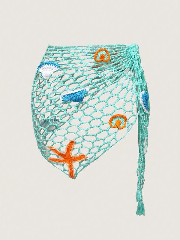 Swim Mod Khăn choàng voan mỏng một mảnh dành cho nữ cỡ lớn, khăn quàng cổ hình sao biển đan móc, kiểu dáng đi nghỉ mát.