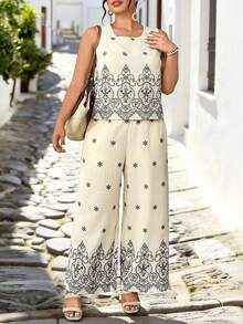 SHEIN LUNE Bộ đồ cỡ lớn gồm áo không tay cổ tròn in họa tiết hai tông màu và quần ống đứng dáng rộng, thanh lịch cho các buổi đi chơi, hẹn hò, tụ họp, đi làm hoặc đi nghỉ mát. - Nhiều màu - Xem 4