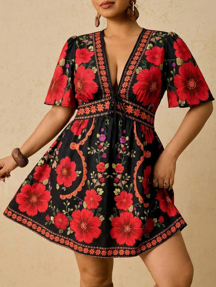 Travachic Vestido casual de mujer de talla grande con estampado floral, manga con volantes y lazo delantero. Vestido floral de mujer, vestido de verano de mujer, vestido floral negro, vestido de manga corta, vestido de cuello en V, vestidos de verano de mujer, vestidos casuales para mujer - Multicolor - Añade 5