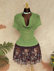 Sunspun Plus Size Lace Scoop Neck T-Shirt, Sensual Style - Green - View 3