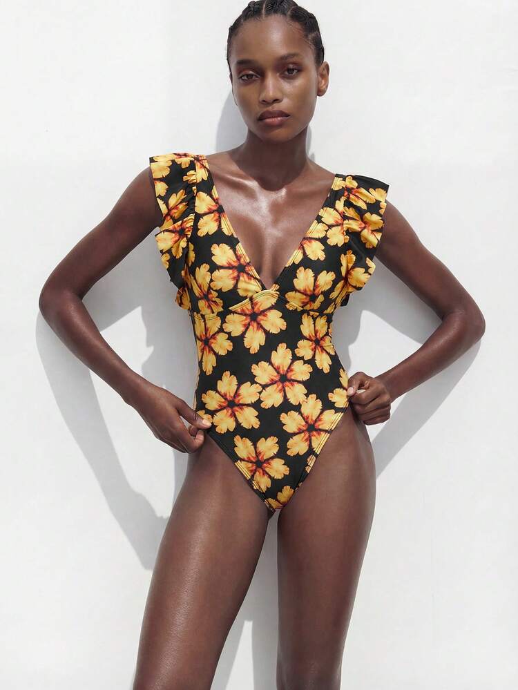 SHEIN Maija Women's Floral Print Deep V-Neck One-Piece Swimsuit, Suitable For Beach Vacation, Pool Party, Beach Party One Piece Swimsuit Floral Swimsuit Ruffle Strap Swimsuit Flower Bathing Suit V-Neck Swimsuit Floral One Piece Swimsuit Women's Swimsuits Bathing Suit With Ruffle Sleeves Women's One Piece Swimsuit Women's Floral Bathing Suit One Piece Swimsuit Women