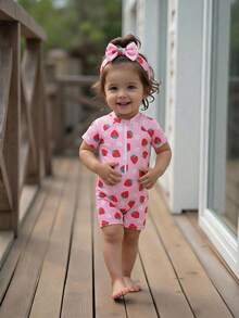 Baby Girl Strawberry Print Zipper Half-Placket Raglan Sleeve Swimsuit, Summer Beach Vacation - Pink - View 7