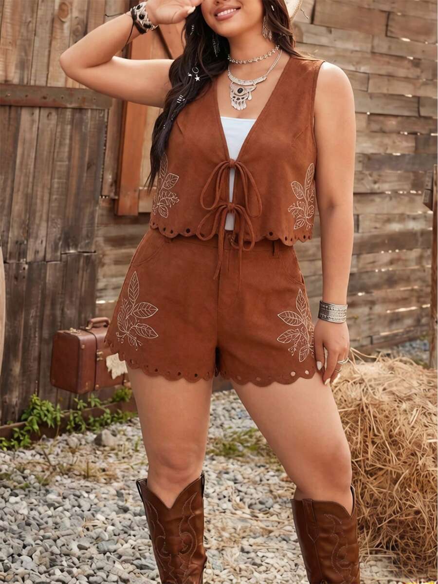 Ceyna Plus Size Women Casual Chocolate Brown Summer Boho Holiday Sleeveless 2 Pieces Set,Shorts Vacation Outfits Festival Two Piece Outfit - Brown - View 1