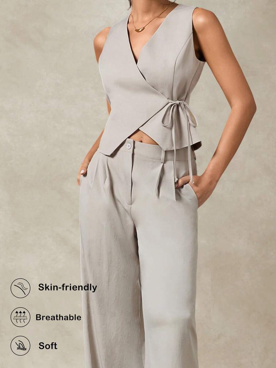 Briarwyn 女士简约通勤纯色系带吊带背心和裤子套装，夏季，夏季服装，女士夏季服装，夏季度假服装，情人节，女士度假服装，夏季度假服装，女士海滩度假服装，外出服装，灰色两件套，优雅派对两件套，女士休闲套装 - 灰色 - 查看 1