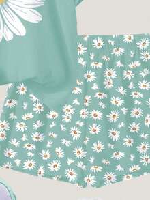 Tween Girl Mint Green Daisy Print Short Sleeve T-Shirt And Shorts 2-Piece Set,Cute Casual Summer Vacation Flower Outfits,Boho Minimalist Spring Set - Multicolor - View 6