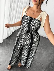 Elenzga Macaquinho Estampado com Laço Decorativo Plus Size - Preto - Visão 5