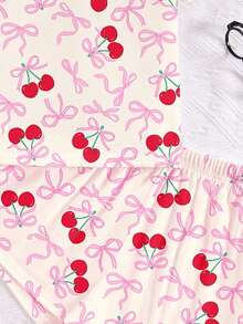SHEIN 奶油白色，可爱甜美迷你粉色蝴蝶结樱桃印花少女休闲简约圆领短袖T恤和短裤睡衣套装，适合夏季，清凉一夏！用这款樱桃蝴蝶结两件套睡衣套装，彻底颠覆你的家居服风格！适合慵懒的早晨、深夜零食跑和派对自拍。 - 彩色 - 查看 5