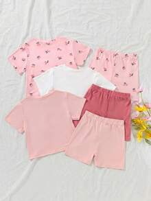 Vintaside Kids 3pcs Girls' Cute Mini Cherry Print Casual Loose Short Sleeve T-Shirt And Shorts Set, Suitable For Summer - Multicolor - View 2