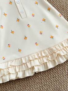 SHEIN Summer Baby Girls' Knitted Polo Collar Short Sleeve Casual Cute Dress, Straight Silhouette With Rainbow All-Over Print And Ruffle Hem Design - Yellow - View 4