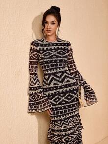 JIAN LASALA Vestido bohemio de mujer con cuello redondo, mangas acampanadas y estampado total de malla, para vacaciones y uso casual - Multicolor - Ver 7