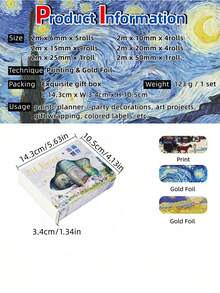 梦幻多色和纸胶带套装，金色箔片点缀，DIY装饰贴纸卷，适用于日记、剪贴簿、计划本、手工制作，自粘耐用，纸艺用品，礼品创意 - 彩色 - 查看 4