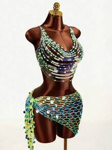 Women's Beaded Music Festival Sexy Camisole Music Festival Carnival Festival Outfit Beaded Bikini, Summer , Summer Clothes , Summer Outfits For Women , Summer Outfits , Summer Outfit For Women ,Vacation Outfits Women Beads Top Bling Dress Badazzled Top Custom Dress Summer & Autumn Colorful Beaded Cover-Up, Sexy & Fashionable Design Suitable For Music Festivals And Electronic Music Festivals, Bohemian Style Women Coverup , Rhinestone Embellished Shiny, Suitable For Bar Party, Carnival, Club Wear Women Outfits Sets  Women Vacation Outfit Sets Bikinis Set For Women With Cover Up - Green - View 7