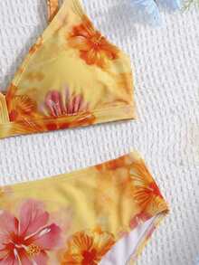 SHEIN Tween Girls' Summer Ditsy Floral Camisole Bikini And Triangle Panty Swimsuit Set, Beach Holiday - Coral Orange - View 3