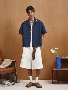 TOKVUE Men's Letter Embroidered Short Sleeve Single-Breasted Casual Shirt - Navy Blue - View 4