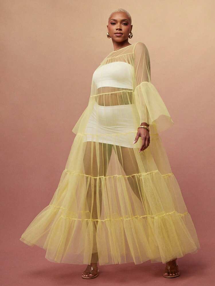 Vixey Sheer Mesh Bell Sleeve Tiered Flowy Layering Dress | SHEIN