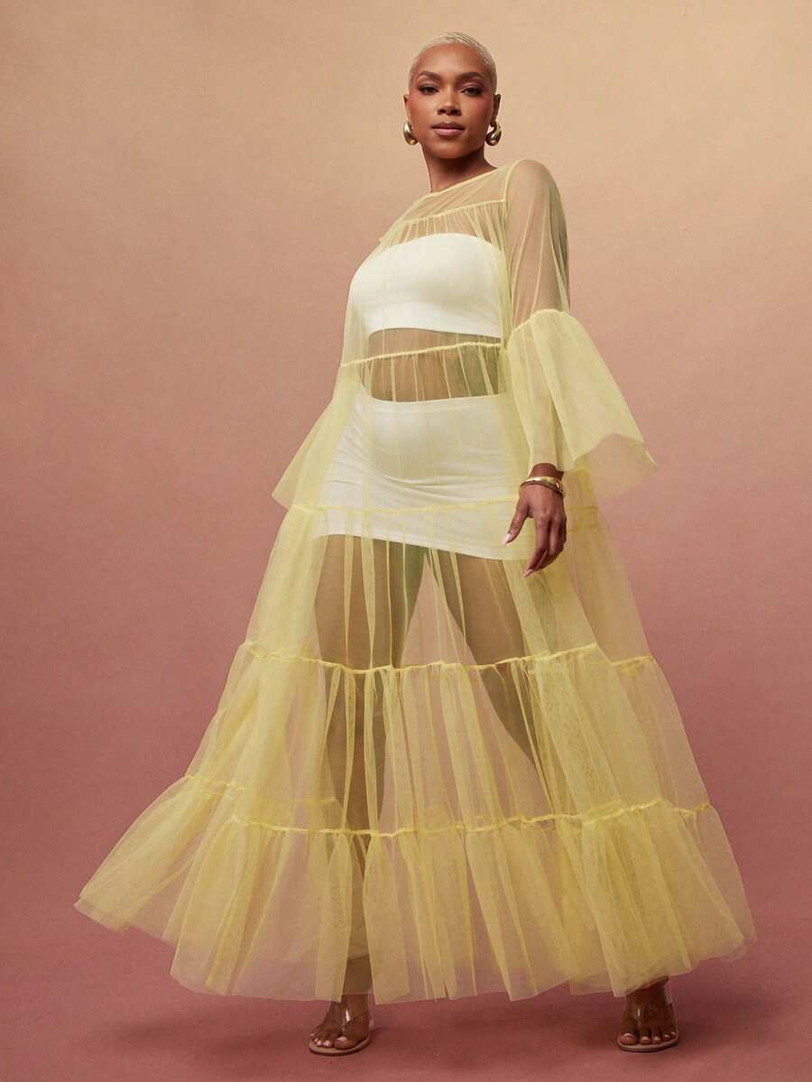 Vixey Sheer Mesh Bell Sleeve Tiered Flowy Layering Dress - Yellow - View 1