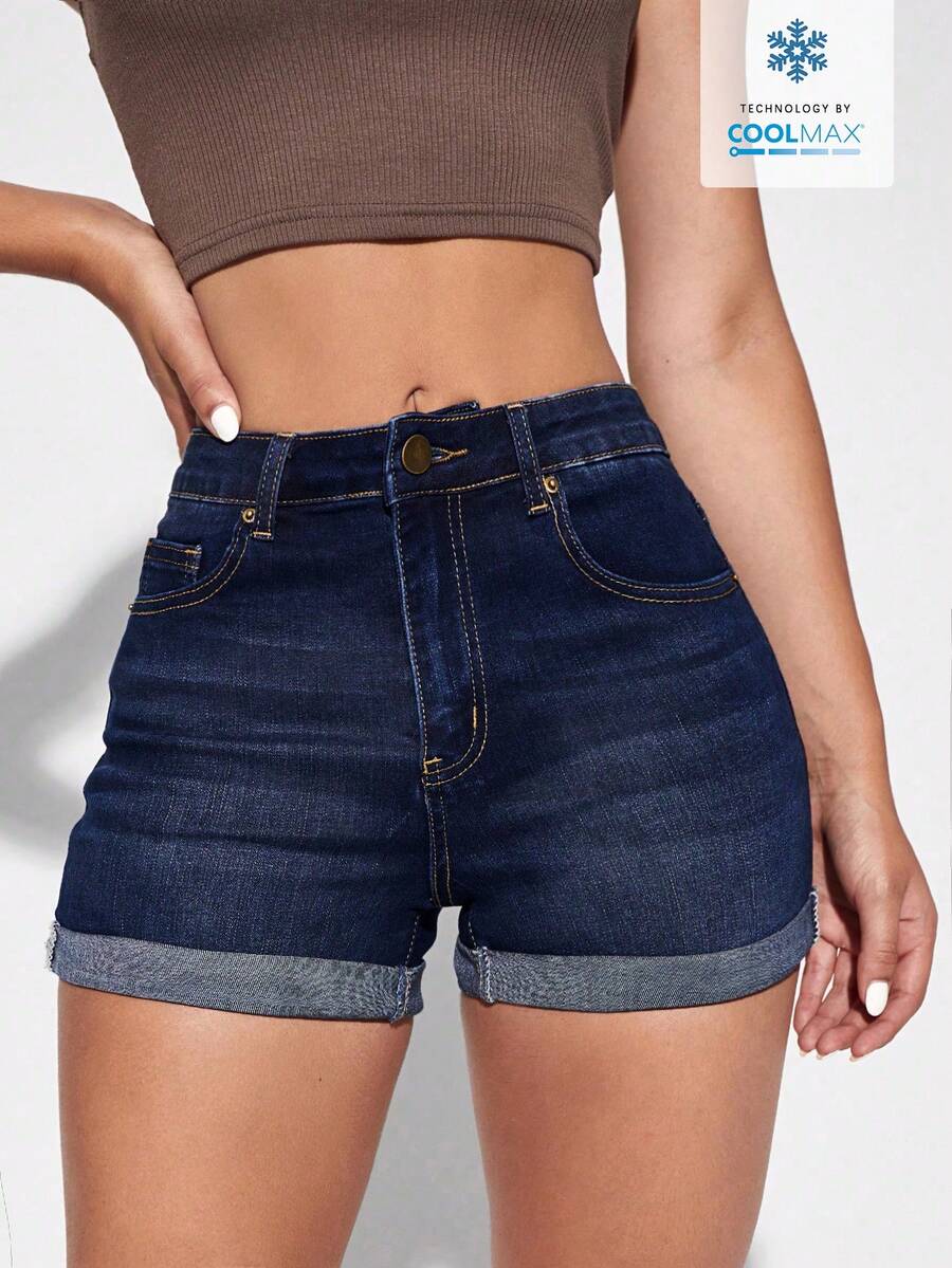 SHEIN Essnce Women's Casual Everyday Pocketed Button Denim Shorts - Dark Wash - View 1