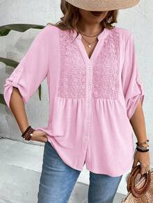 Weeklong Women Plus Size Lace Patchwork 3/4 Sleeve V-Neck Button Down Shirt,Blush Pink,Summer,Boho,Formal,Vacation,Holiday Light Top Flared Ruffle Hem Blouse - Baby Pink - View 1