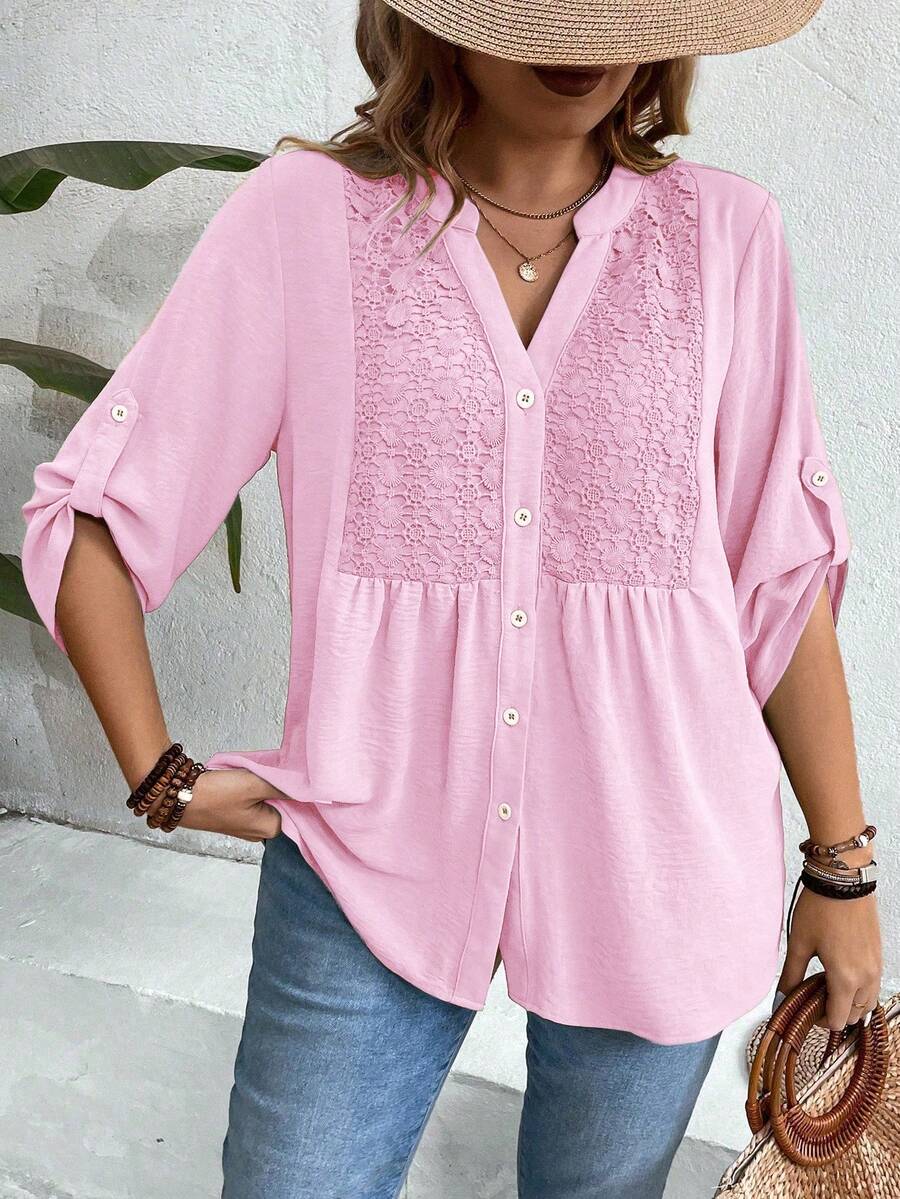 Weeklong Women Plus Size Lace Patchwork 3/4 Sleeve V-Neck Button Down Shirt,Blush Pink,Summer,Boho,Formal,Vacation,Holiday Light Top Flared Ruffle Hem Blouse - Baby Pink - View 1