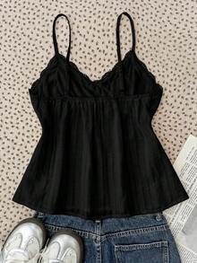 SHEIN Camiseta de encaje para niñas preadolescentes, camiseta de encaje de unicolor elegante, adecuada para verano, vacaciones, casual, hogar, estilo BM - Negro - Ver 2