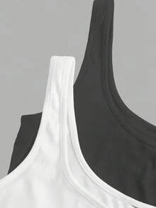 Slaydiva White & Dark Grey Women's Casual Crew Neck Ruched Fitted Tank Top Set, Versatile For Daily Wear,Summer Top - Multicolor - View 7