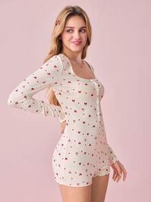 Bonmuse Women's Half-Zip Bow & Heart Print Cute Ribbed Knit Jumpsuit, Casual & Comfortable Long Sleeve - Multicolor - View 7