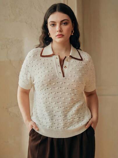 Anewsta Elegant French Spring/Summer -Inspired Textured Knit Blouse, Hollow-Out Gold Button Closure, Casual Business Wear, Plus Size
