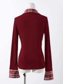Lalippa New Retro 2 In 1 Plaid Patchwork Black Polo Collar Long Sleeve T-Shirt - Burgundy - View 2