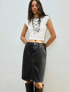 Maija Women's Black Denim Skirt, Midi Length, Simple And Stylish For The Workplace. - Black - View 8