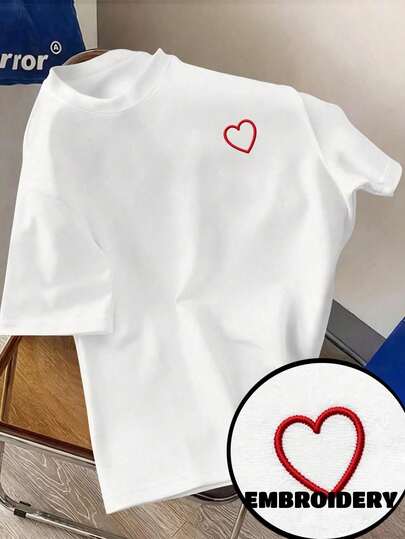 Manfinity Homme Embroidery Plus Size Elegant Minimalist Red Heart Embroidery Men's Casual Loose Fit Round Neck Short Sleeve T-Shirt White Top  Spring Outfits  Going Out Top Graphic Tees Women  Tops For Going Out  White Top Heart Shirt